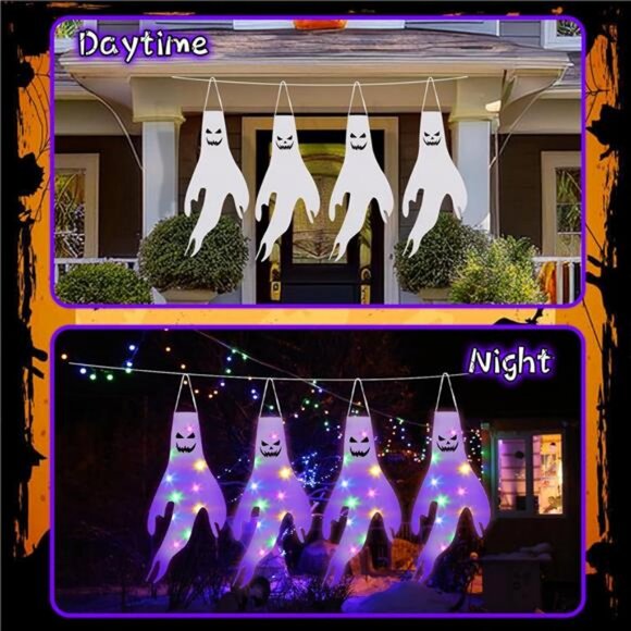 Halloween Decorations Ghost Windscoks Lights 19.4Ft Outdoor Hanging Ghost Lights - Picture 3 of 8